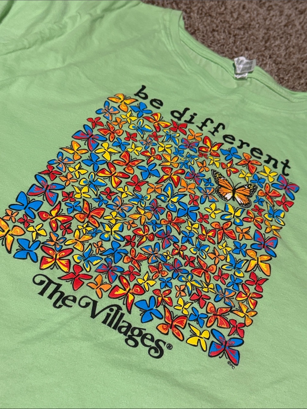 Lime green The Villages tee w/colorful butterfly graphic (XL) - EUC!